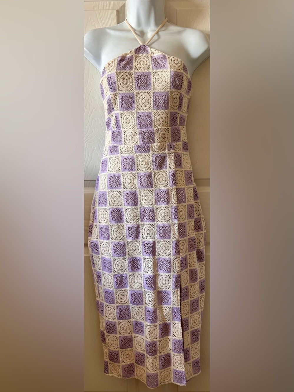FORE COLLECTION Lilac/Cream Checkered Crochet Halter Dress Spring Wedding Guest‎ - Picture 4 of 13